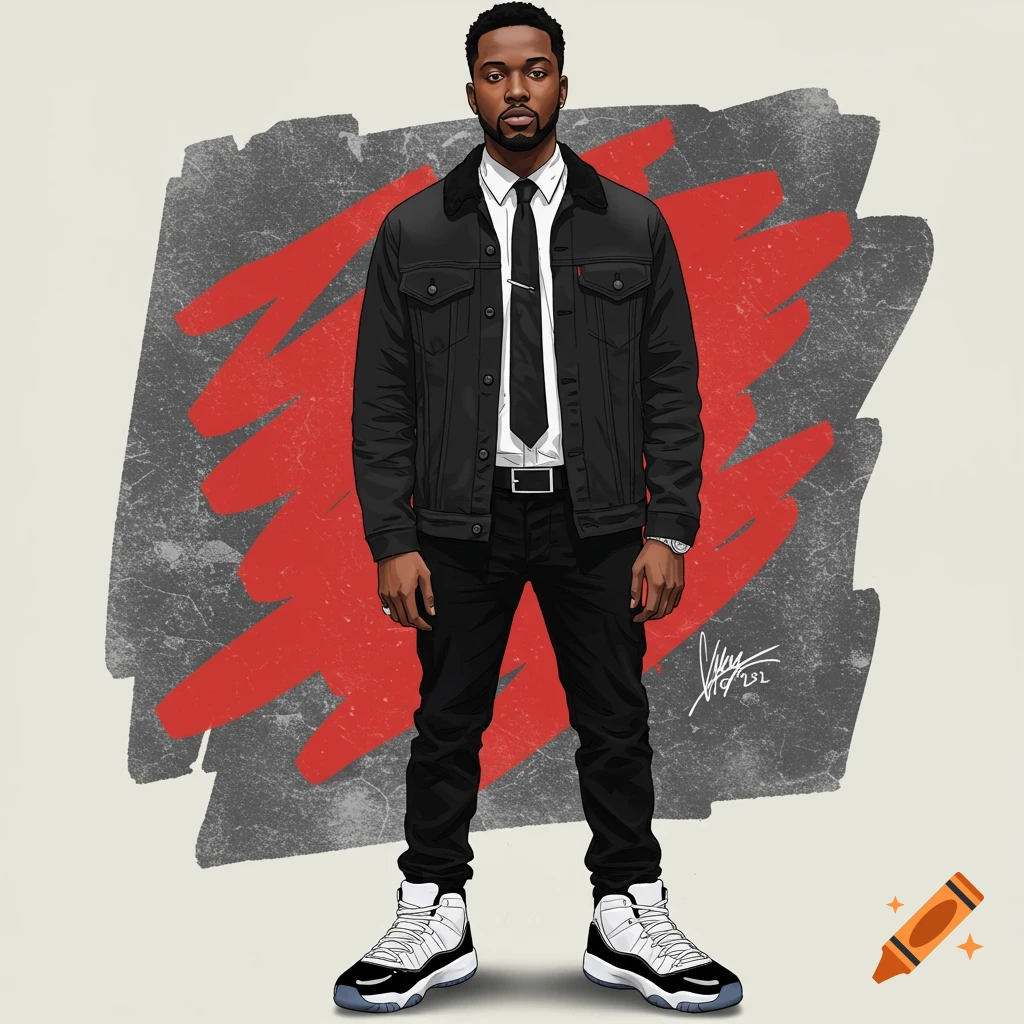 Black man in black jean jacket, white button up, black tie, black jeans ...