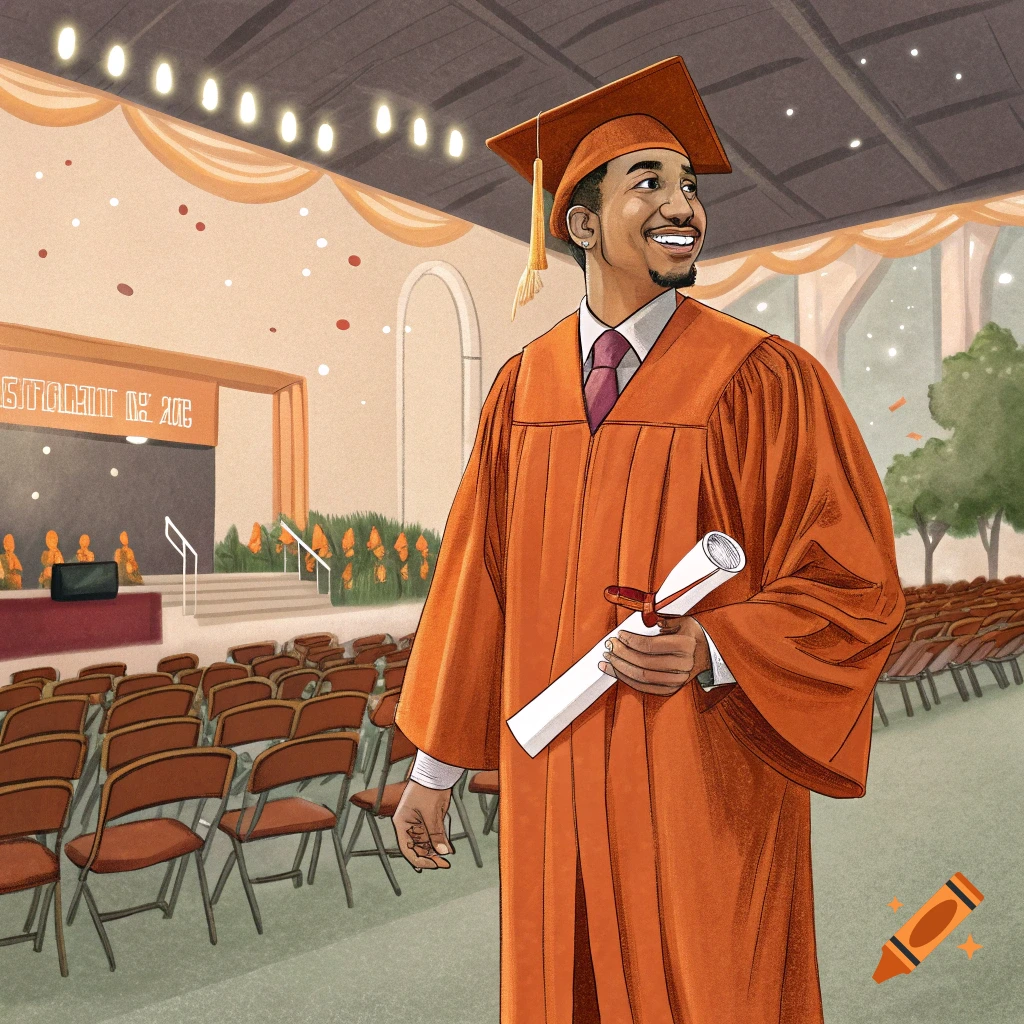 A person in an orange graduation gown and cap stands on stage holding a diploma.