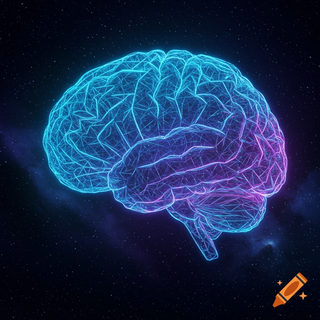 Glowing wireframe brain against a starry cosmic background