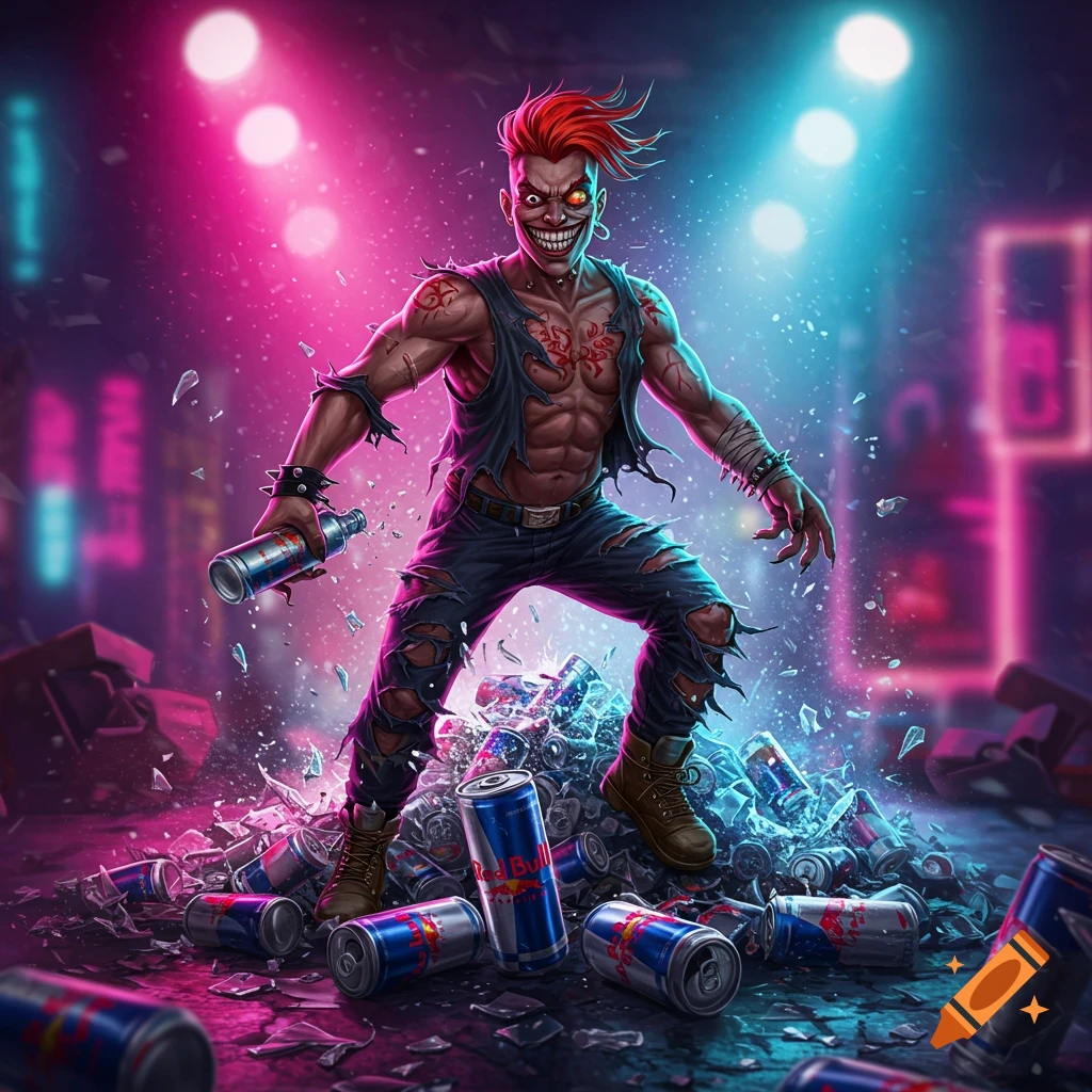 A stylized image of a chaotic character with red hair and ripped clothes standing on a pile of discarded cans and broken glass in an urban setting.