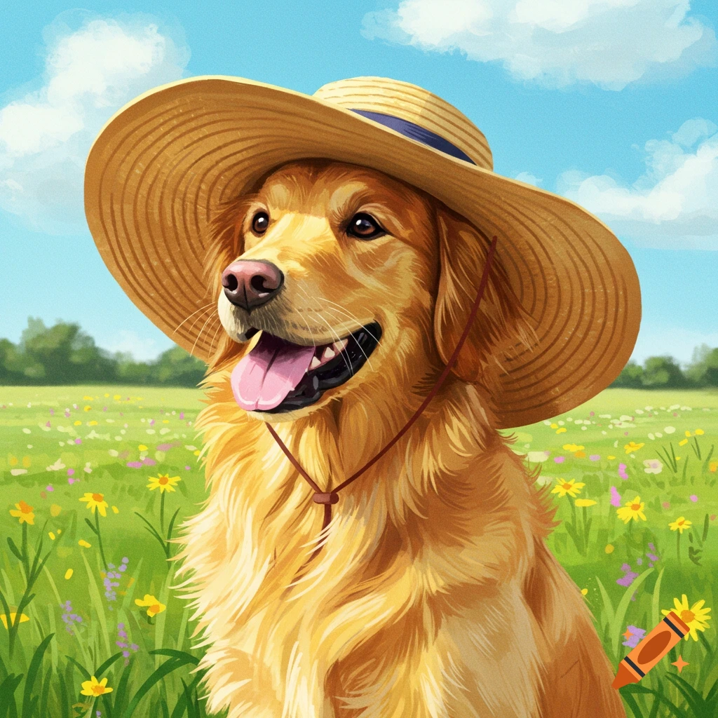 A golden retriever dog wearing a large straw hat sits in a field of flowers.