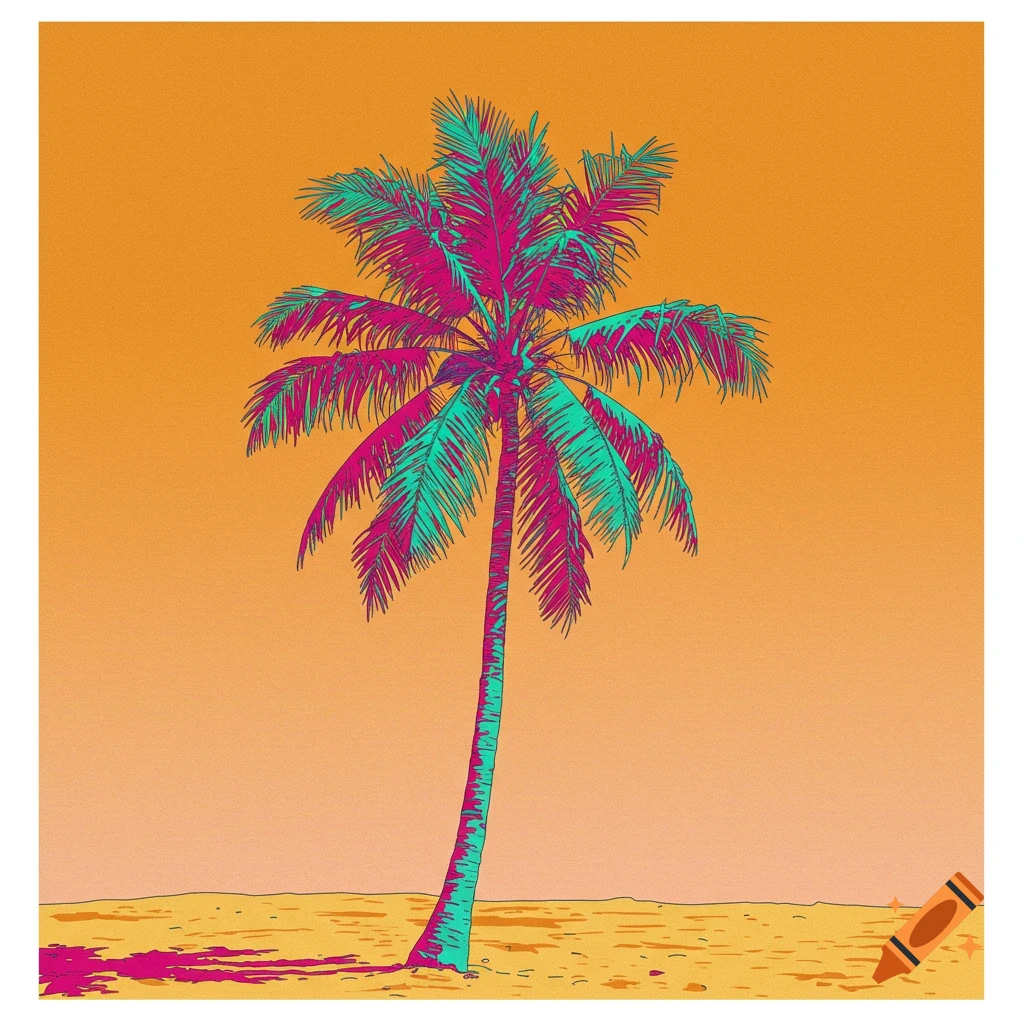 A stylized, vibrant teal and magenta palm tree stands on a yellow beach against an orange sky.