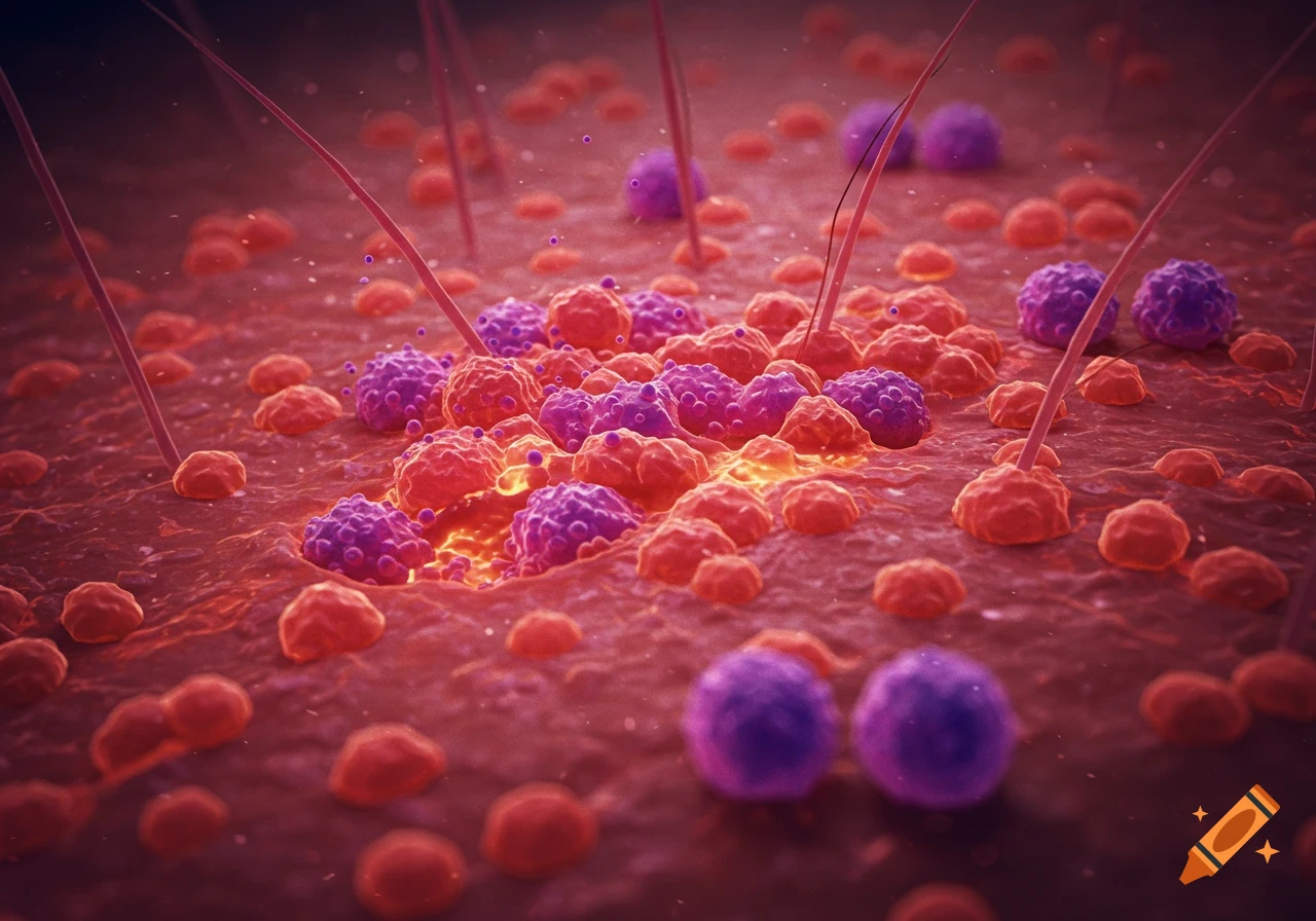 Microscopic view of bacteria or cells on skin with hair follicles.