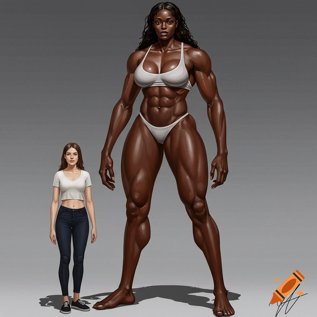 A very muscular Black woman in a white bikini stands next to a smaller white woman in a crop top and jeans.