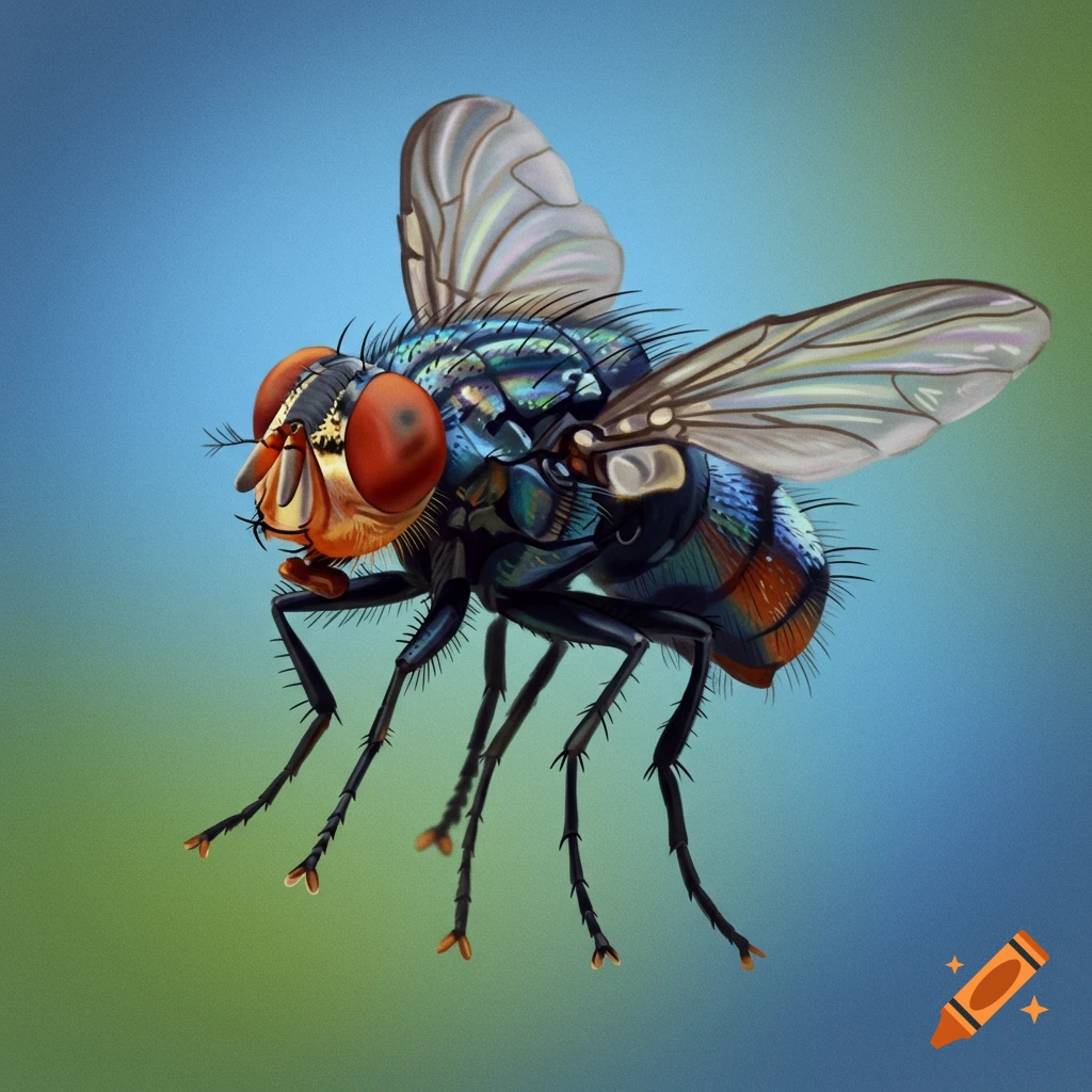 A fly in mid-air against a blue and green background.