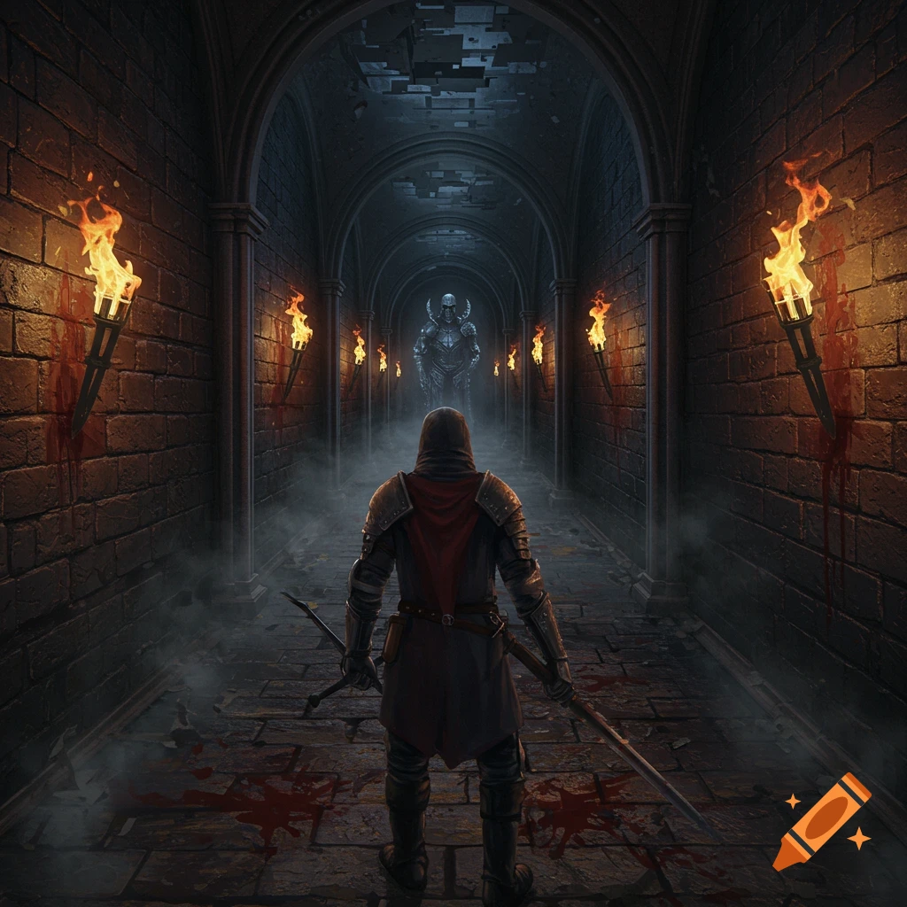 A knight stands in a torchlit stone hallway looking down towards a large armored figure in the distance. Blood is splattered on the floor and walls.