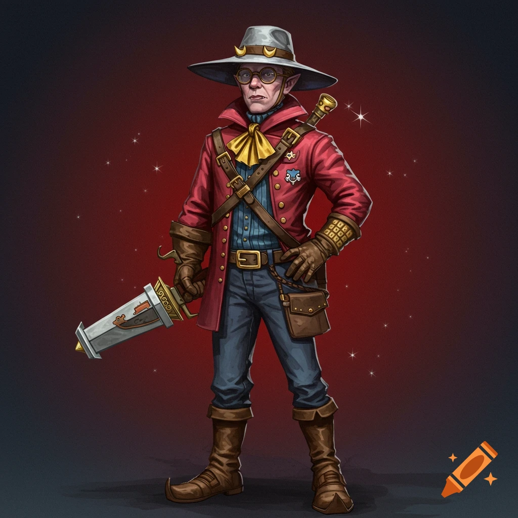 A fantasy character with elf-like ears, wearing a wide-brimmed hat, glasses, red coat, and holding a sword.