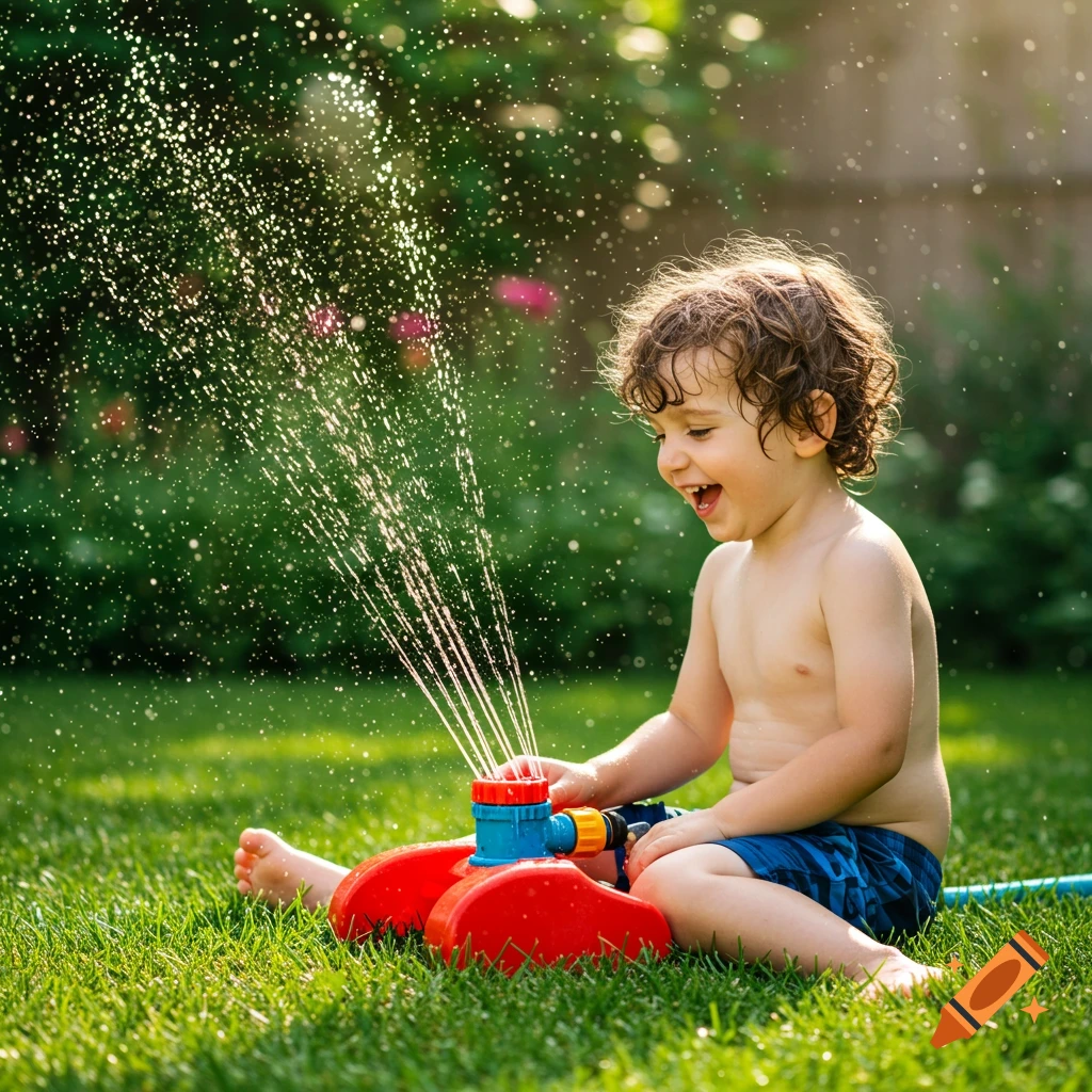 Happy boy plays with a water sprinkler in green grass on a sunny day.