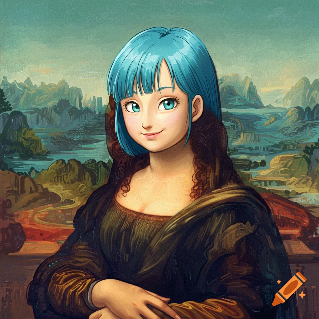 Bulma from Dragon Ball Z in the pose and style of the Mona Lisa against a landscape background.