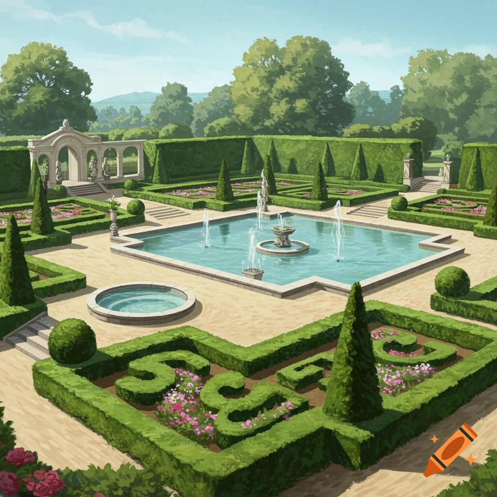 A formal garden with manicured hedges, flower beds, a large square pool with fountains, and a round pool.
