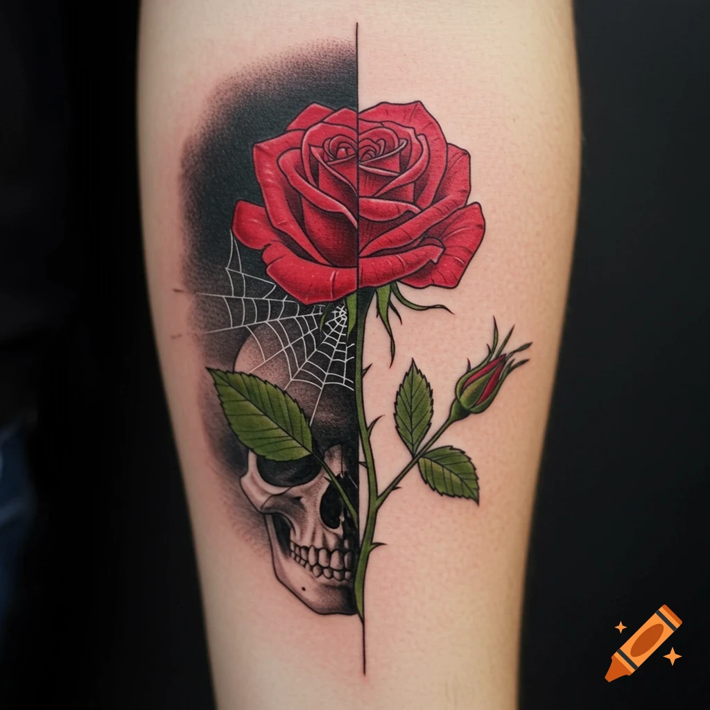 Minimalist tattoo of a blood-red rose with vibrant and wilting halves ...