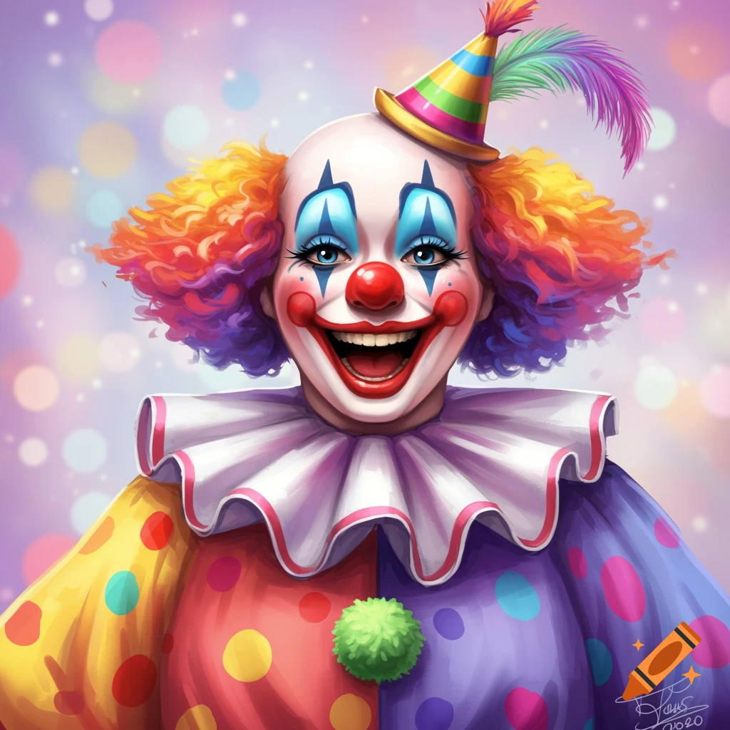 A cheerful clown with colorful makeup, wig, ruffled collar, and polka dot costume.