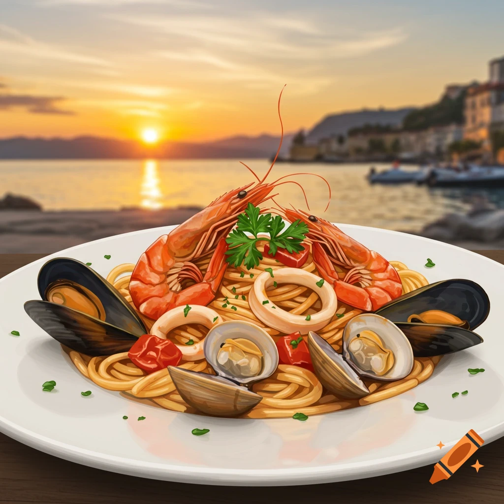 Seafood spaghetti with shrimp, mussels, clams, and calamari, against a sunset coastal background.