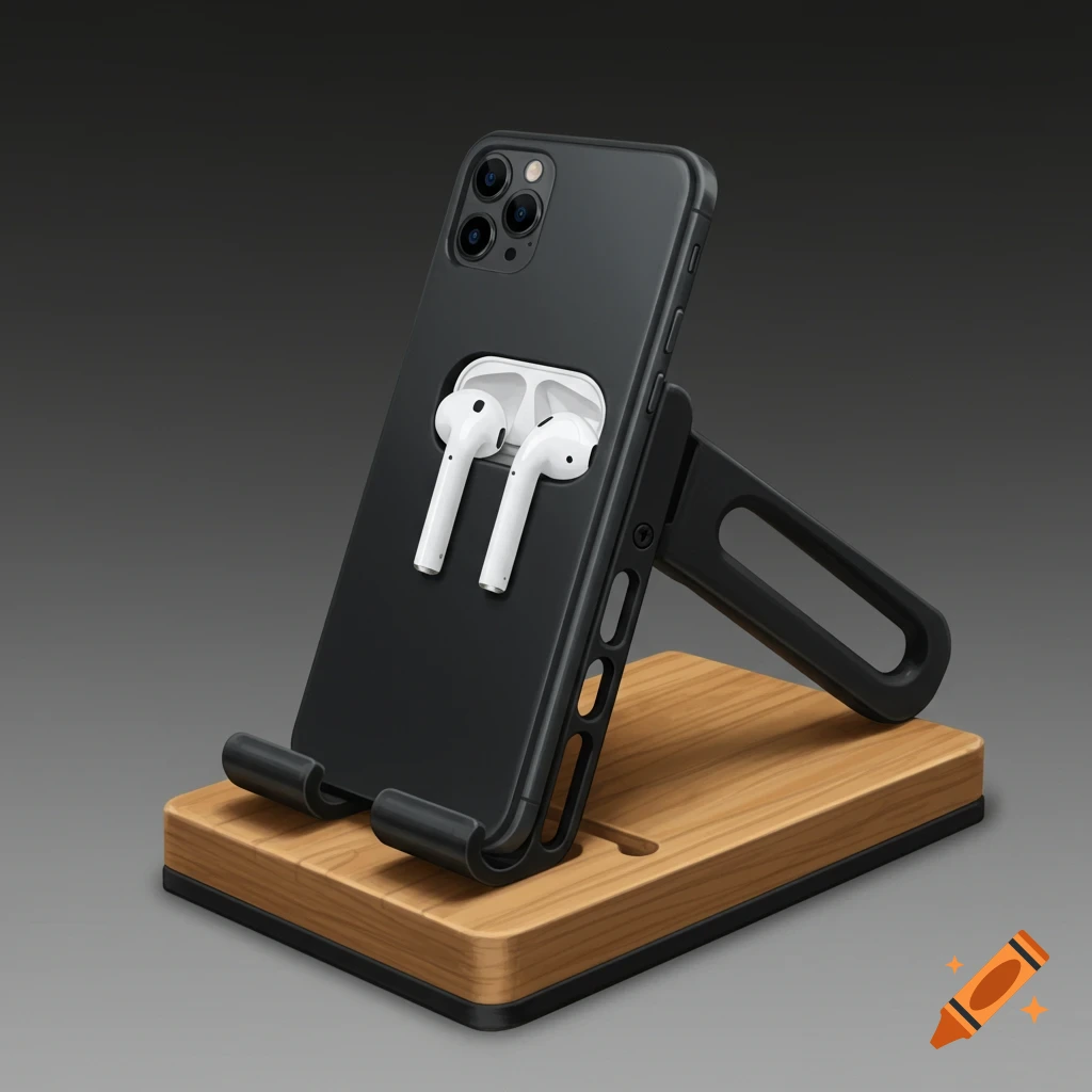 A black phone with AirPods on a phone stand with a wooden base.