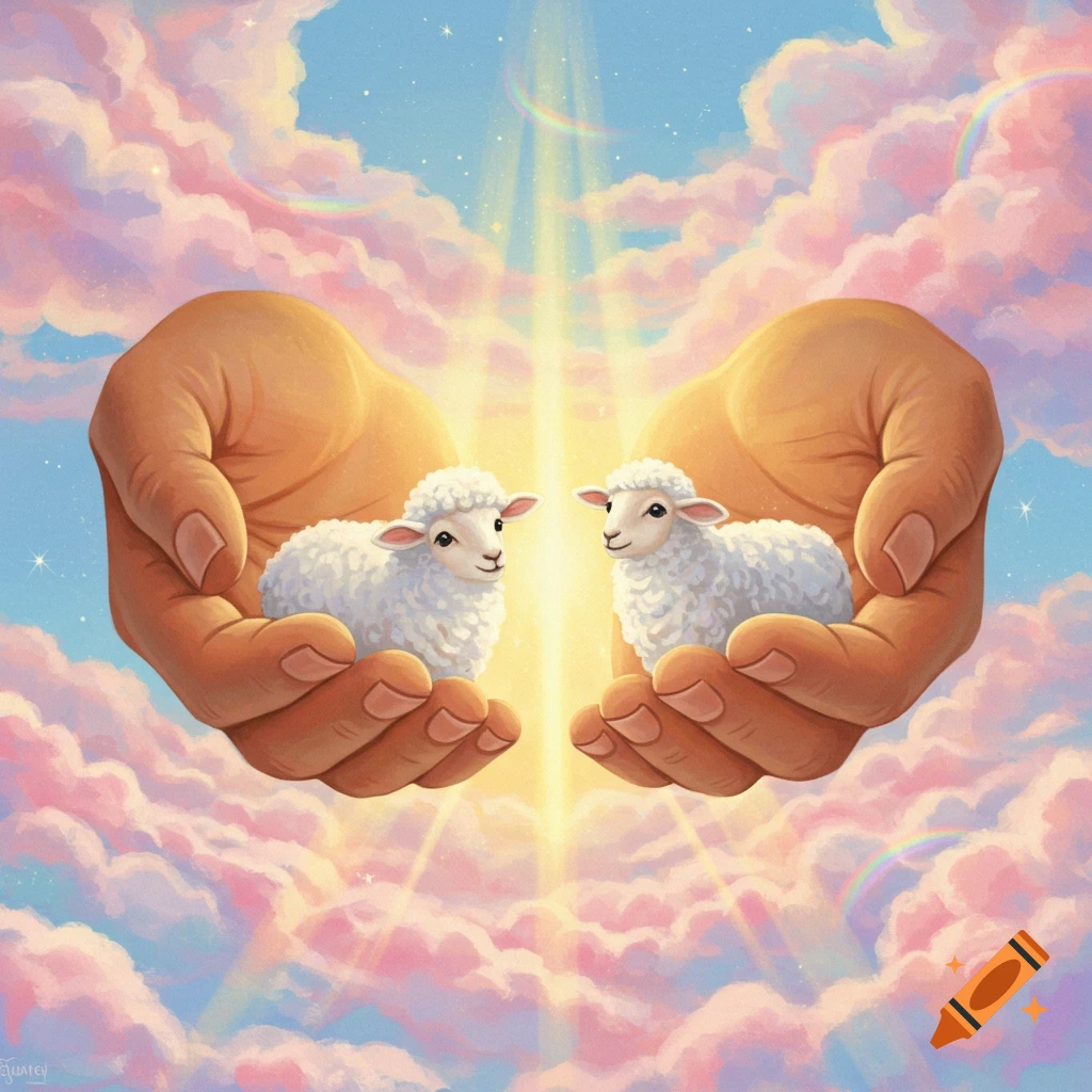 Two hands holding two sheep in a sky with pink clouds, light rays, and rainbows.