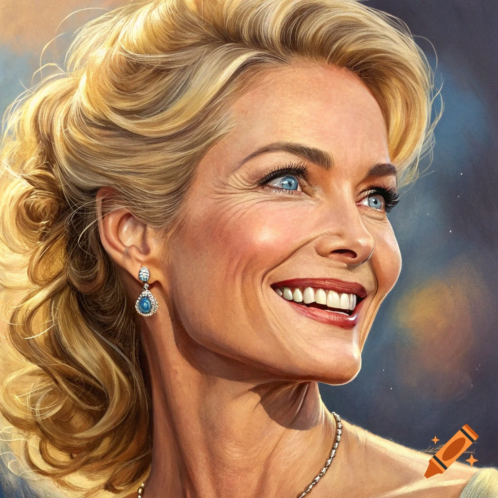 Portrait of a blonde woman with blue eyes smiling brightly.