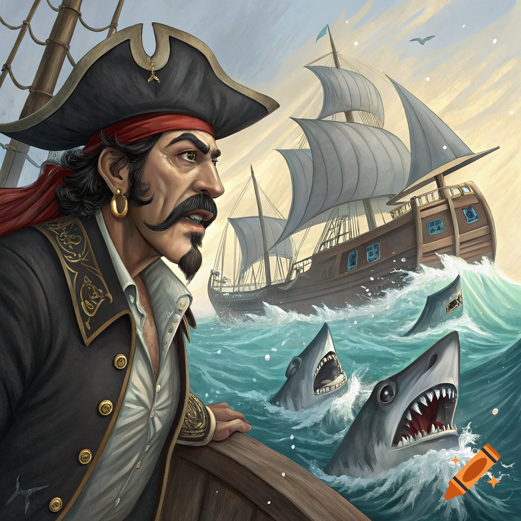 A pirate captain looks out at a ship battling large sharks in a stormy sea.