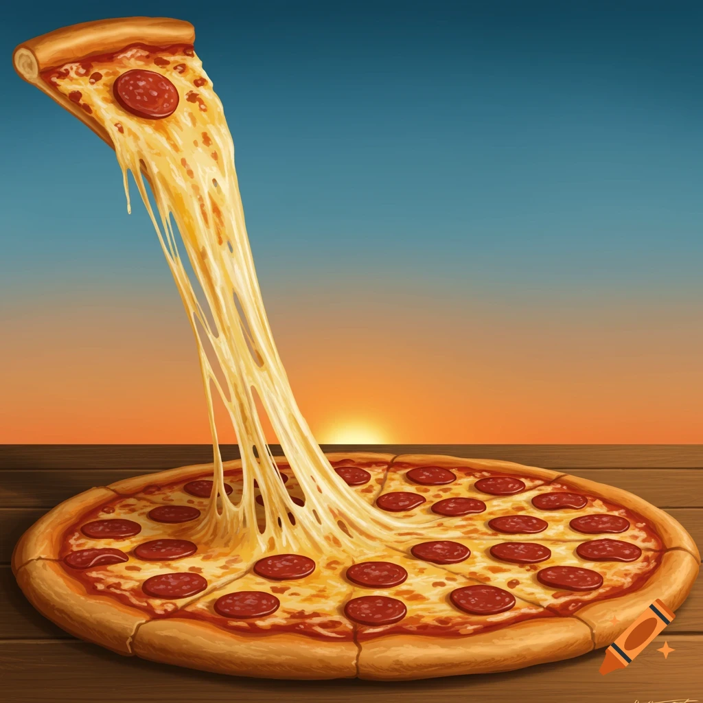 A slice of pepperoni pizza with a long cheese stretch, set against a sunset background on a wooden table.