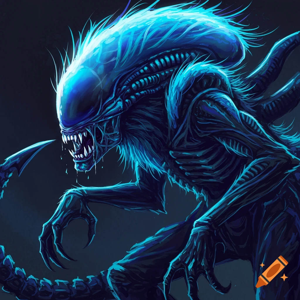 A furry Xenomorph monster with blue glowing details