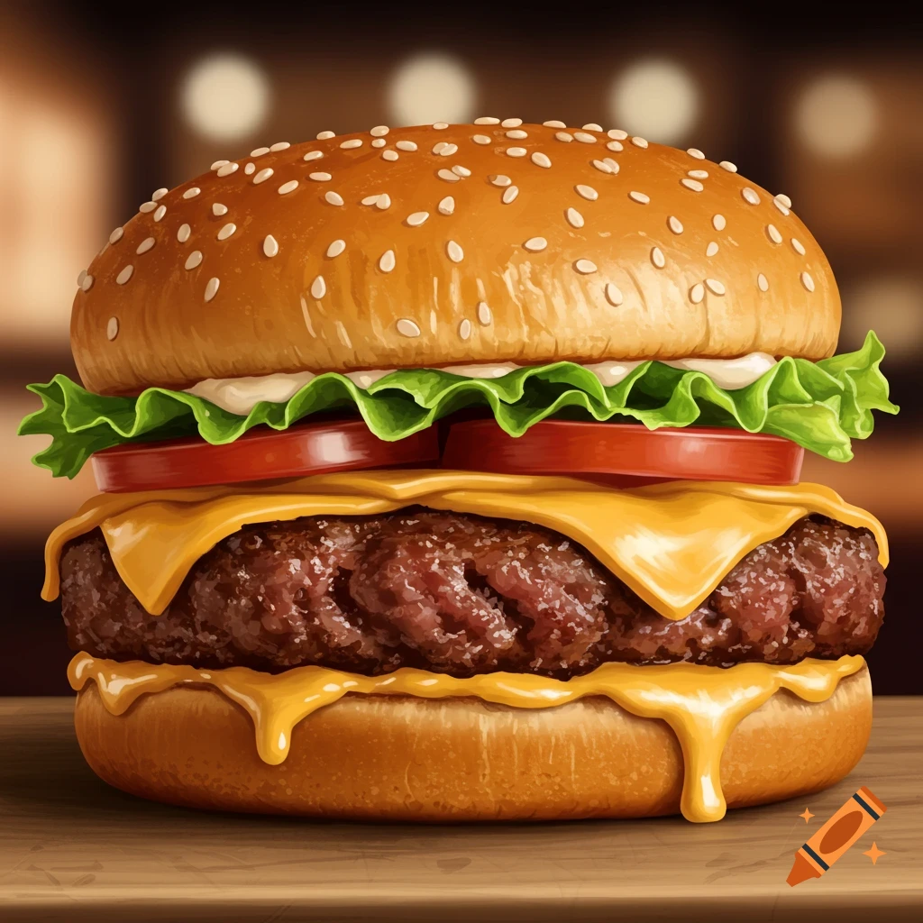 A close-up of a smash burger with melted cheese, lettuce, and tomato on a bun.