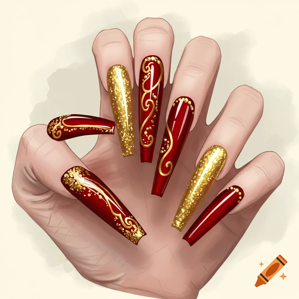 Hand with long red and gold acrylic nails with decorative swirls.