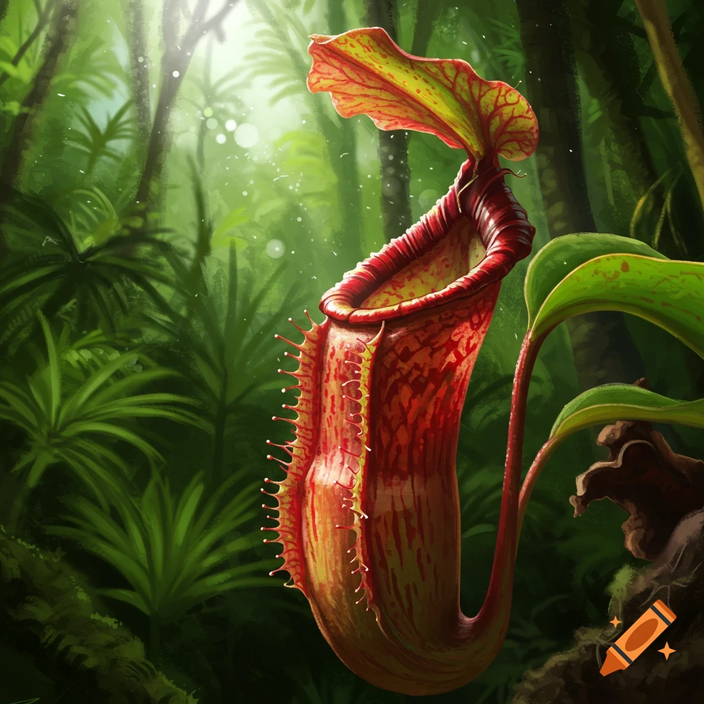A red and green pitcher plant in a lush jungle.