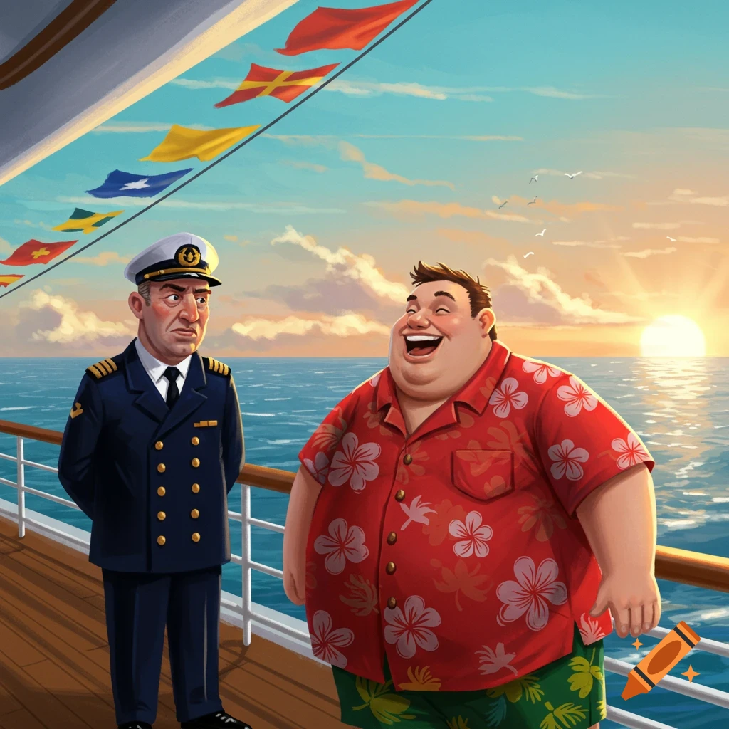 A captain looking serious next to a man in a Hawaiian shirt laughing on a cruise ship deck at sunset.
