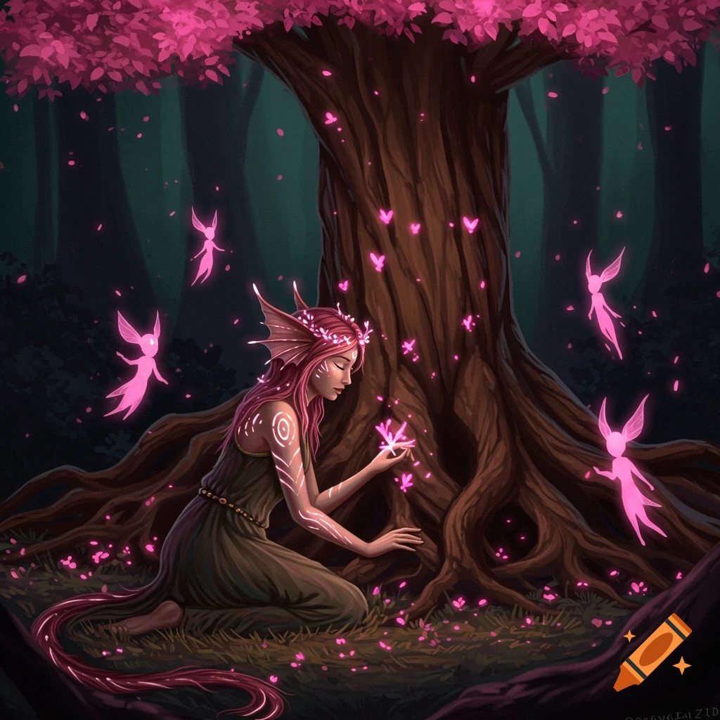 A figure with pink hair and pointed ears is kneeling by a tree, surrounded by glowing pink sprites in a forest.