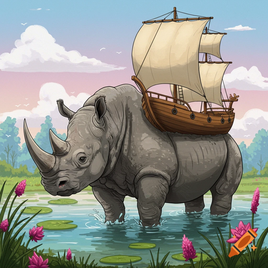 A large rhino stands in a pond with a sailboat on its back.