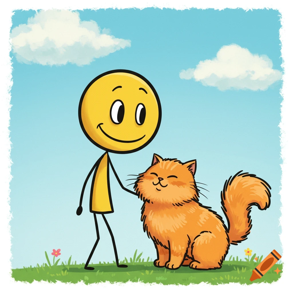 Illustration of a yellow stick figure petting an orange fluffy cat in a field under a blue sky.