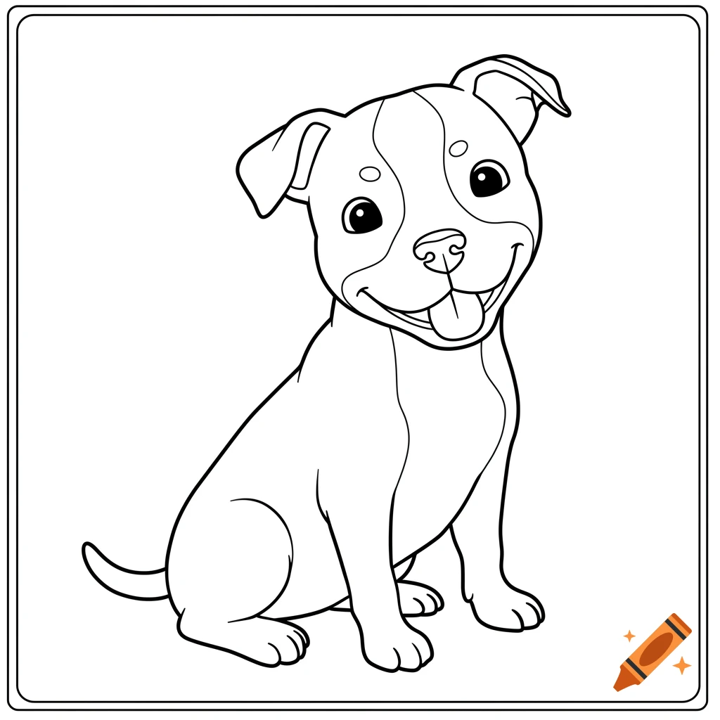 Line art coloring page of a smiling cartoon dog with floppy ears sitting and looking forward.