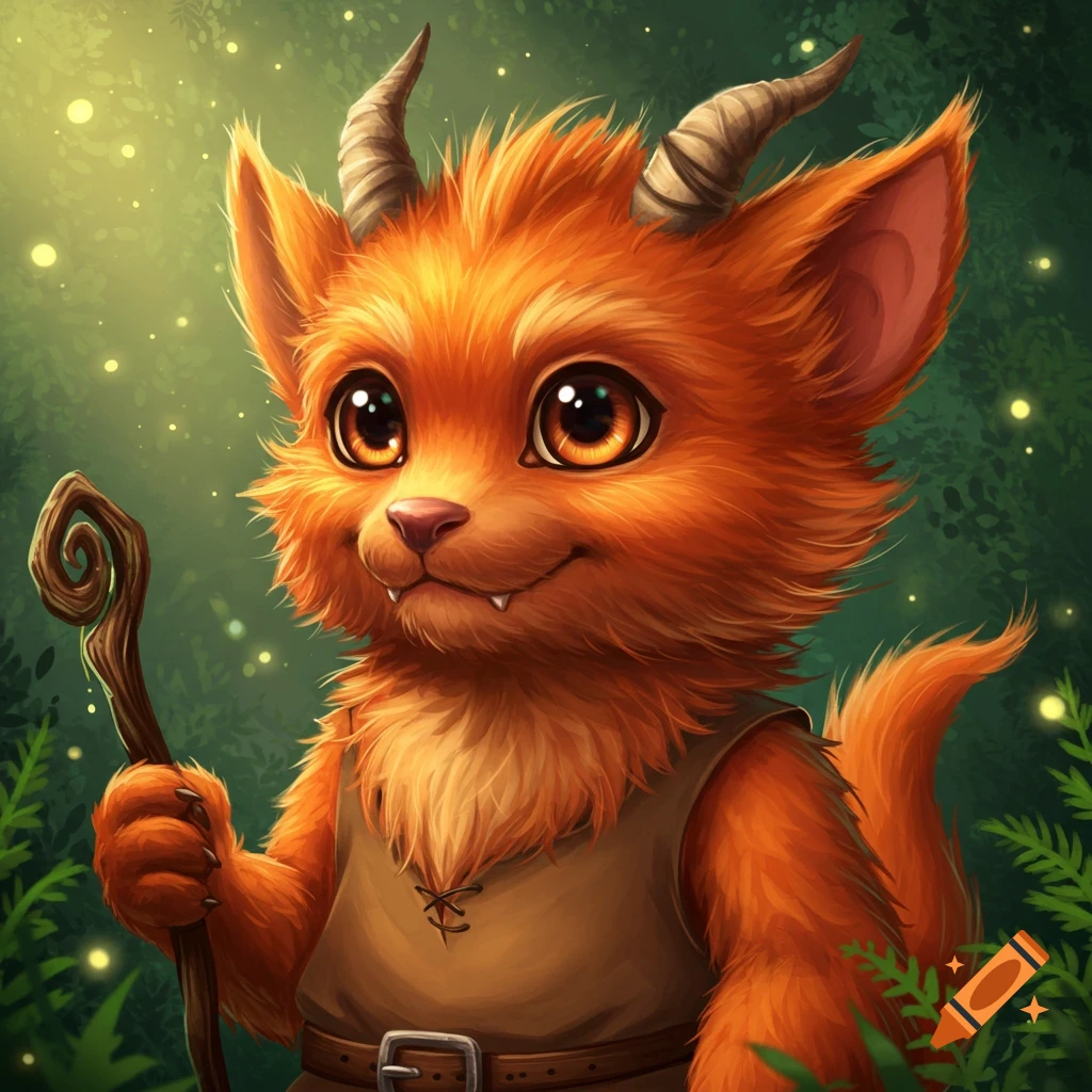 A cute fluffy orange kobold holds a staff in a forest.