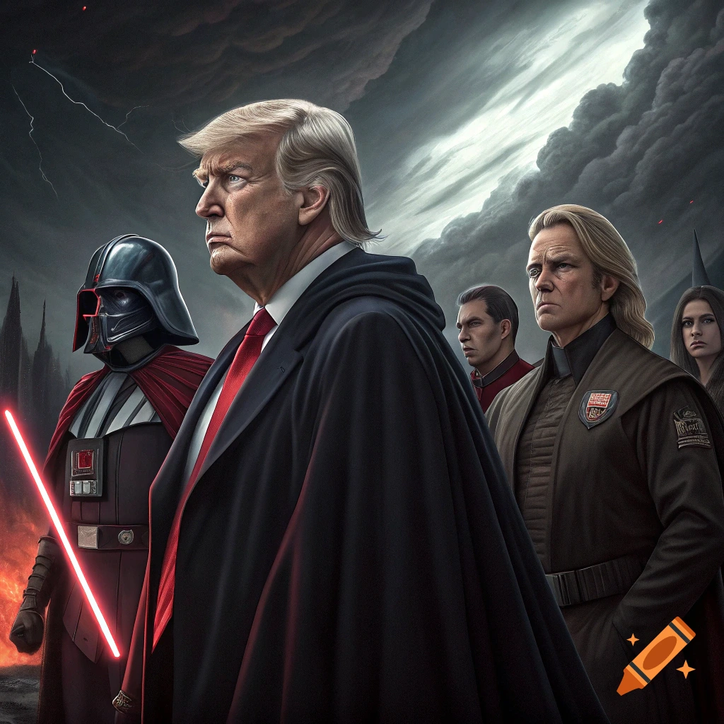 Illustration of Donald Trump as a Sith Lord with figures resembling Star Wars characters under a stormy sky.