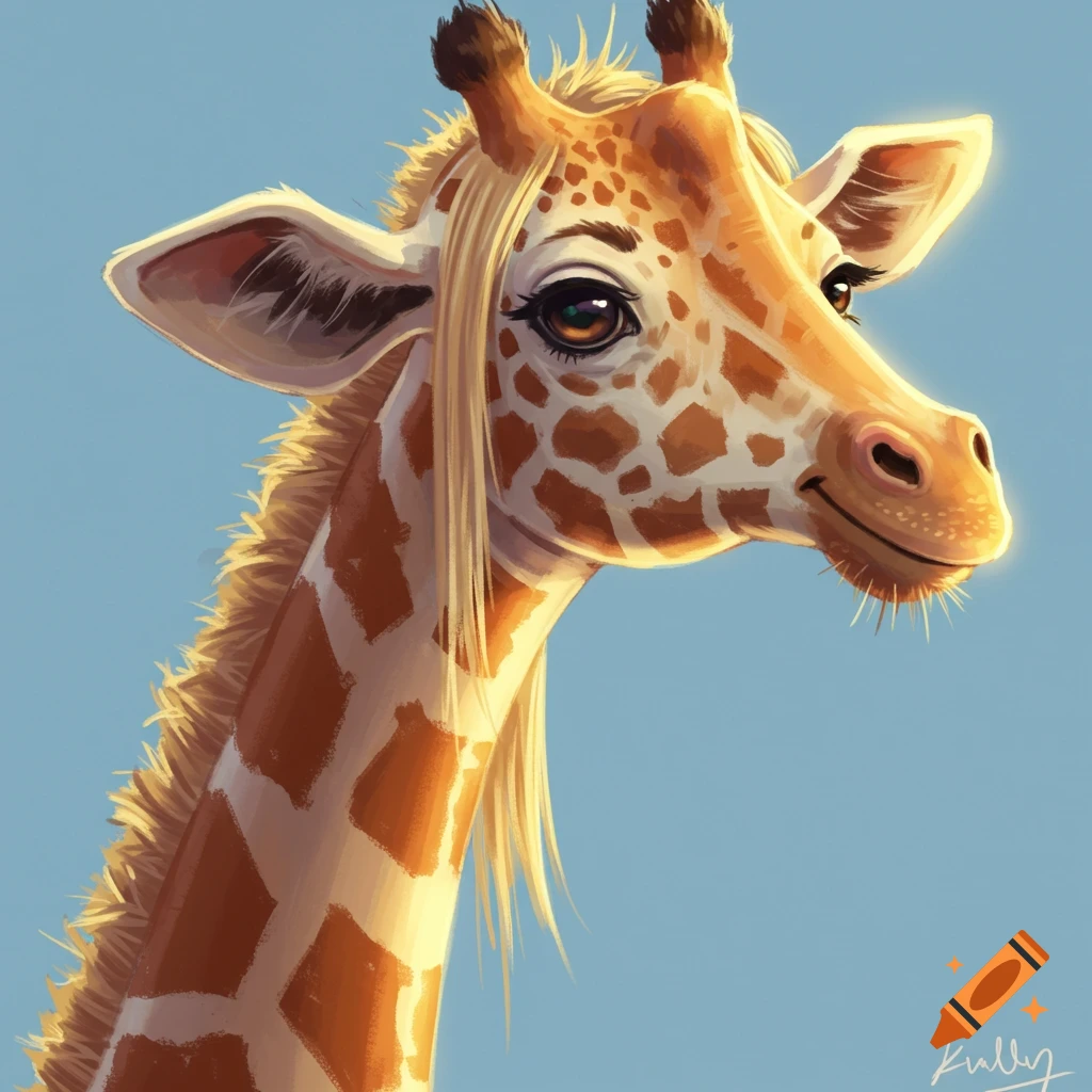 A giraffe with blonde hair and human-like features is smiling.