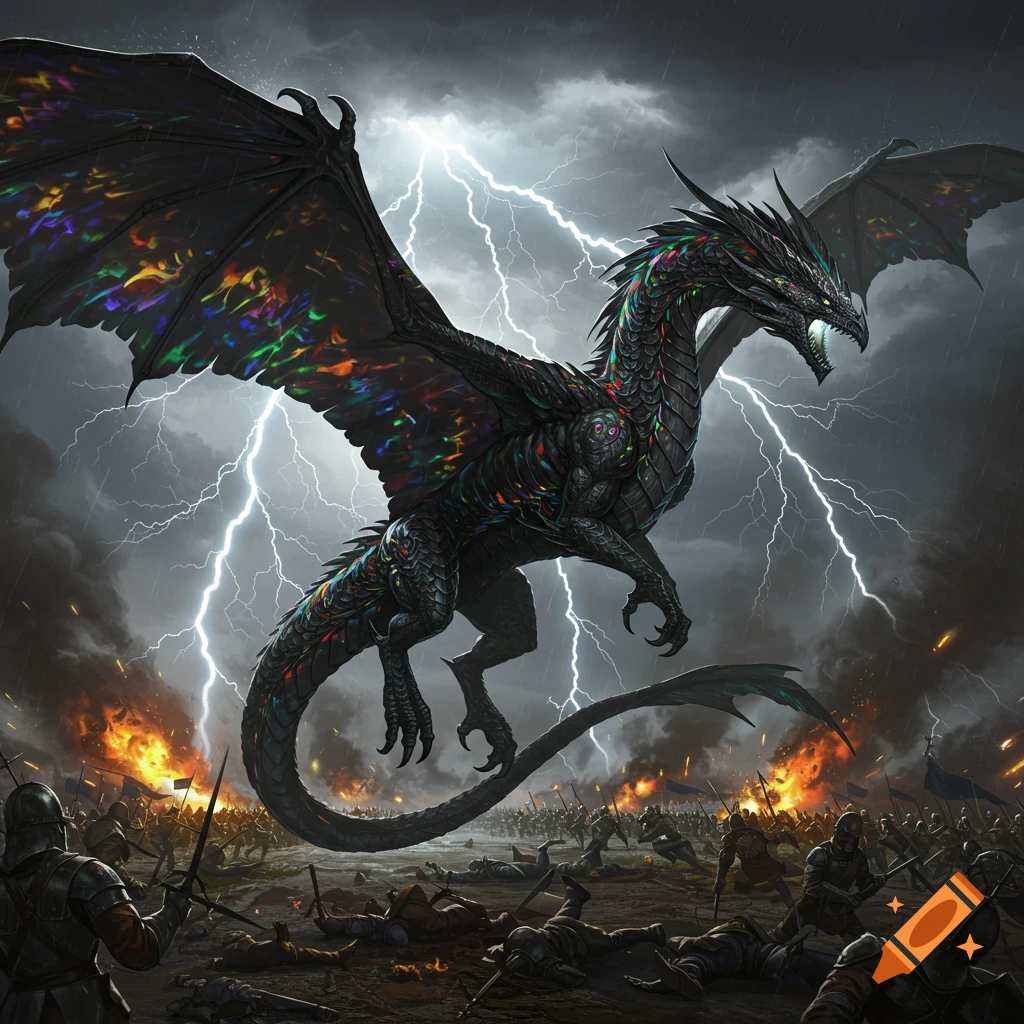 A black iridescent dragon flies over a storm-swept battlefield with lightning