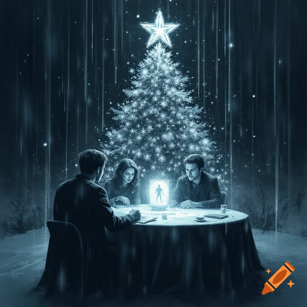 Digital art of three people sitting at a table with a glowing figure, illuminated Christmas tree, and a starry/snowy night background.