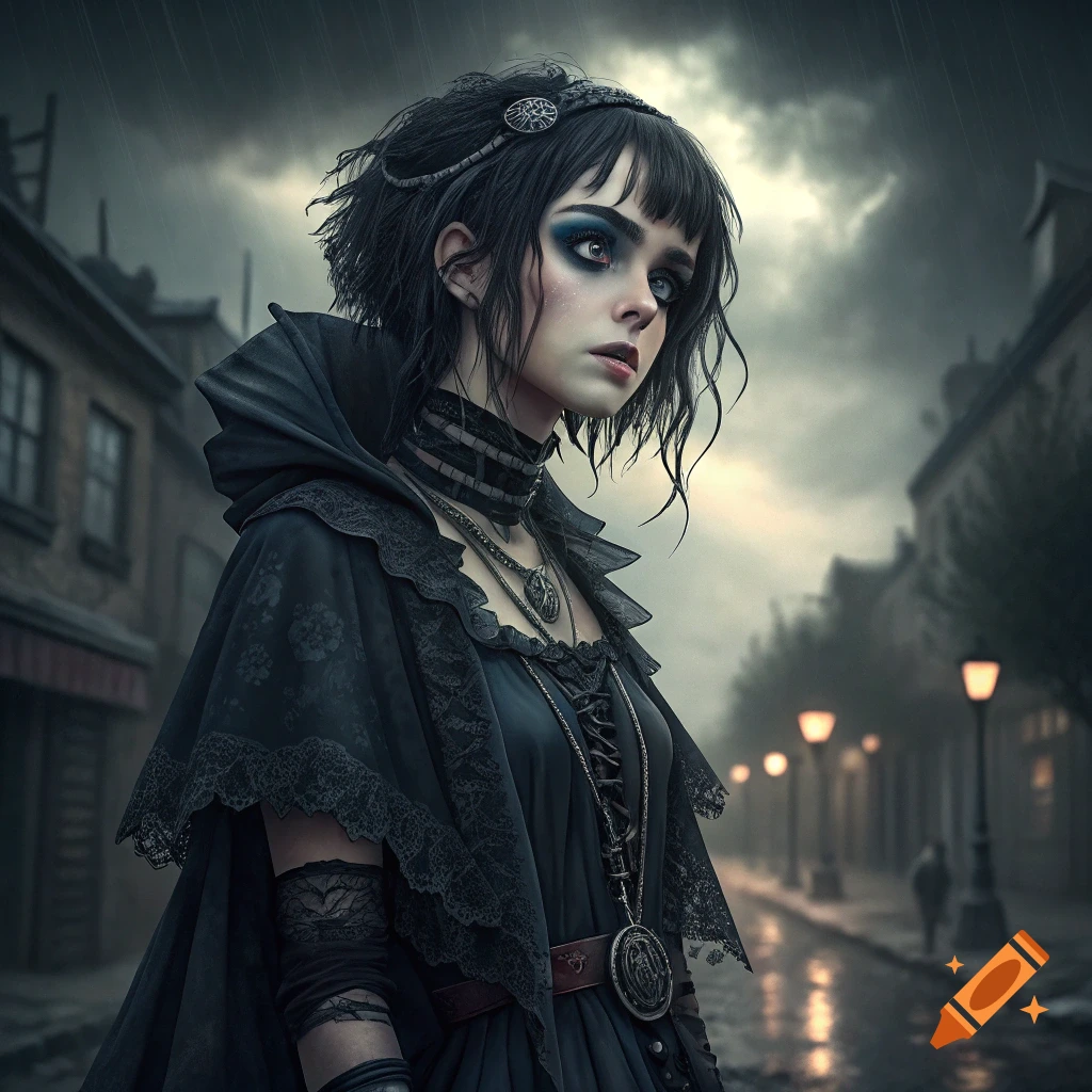 Gothic woman with dark hair and heavy makeup stands in the rain.