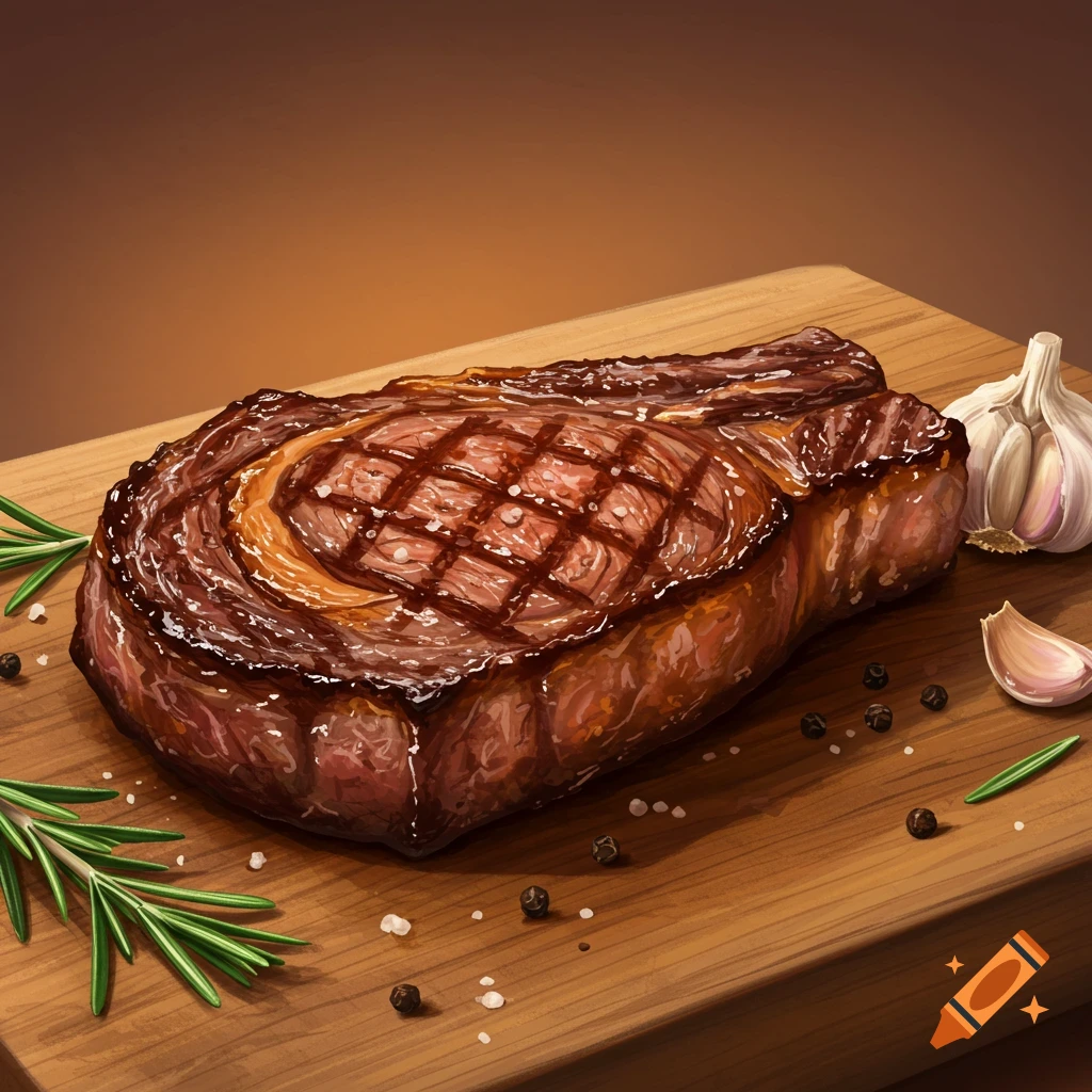 A cooked steak on a wooden cutting board with rosemary, garlic, salt, and pepper.