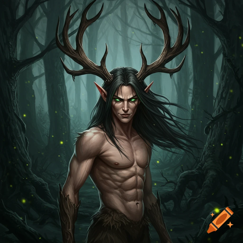 A dark fantasy forest creature with antlers and glowing green eyes.