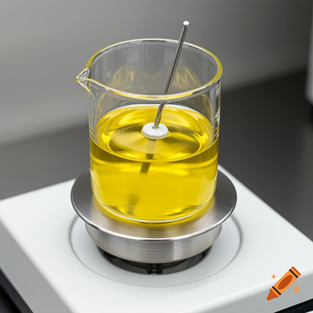 Close-up shot of a beaker with yellow liquid and a magnetic stir bar on a magnetic stirrer in a lab