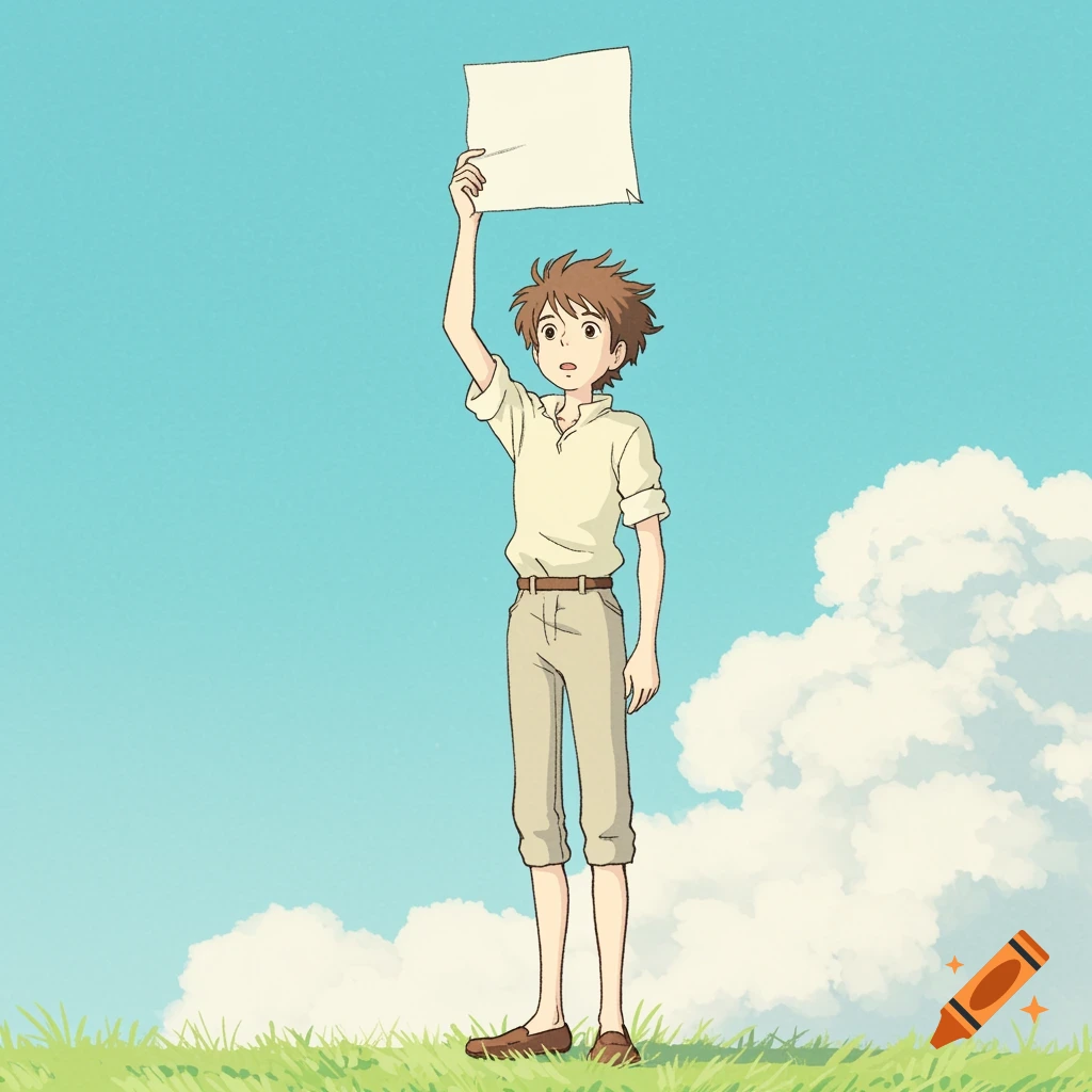 A young boy holds a blank paper aloft in a Ghibli-style meadow.