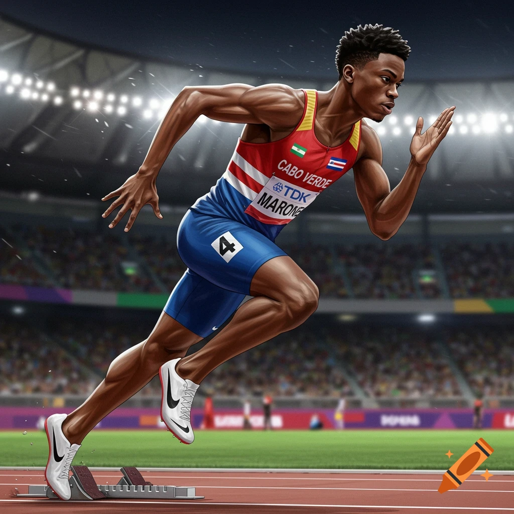 Photorealistic image of a male sprinter running on a track in a stadium.