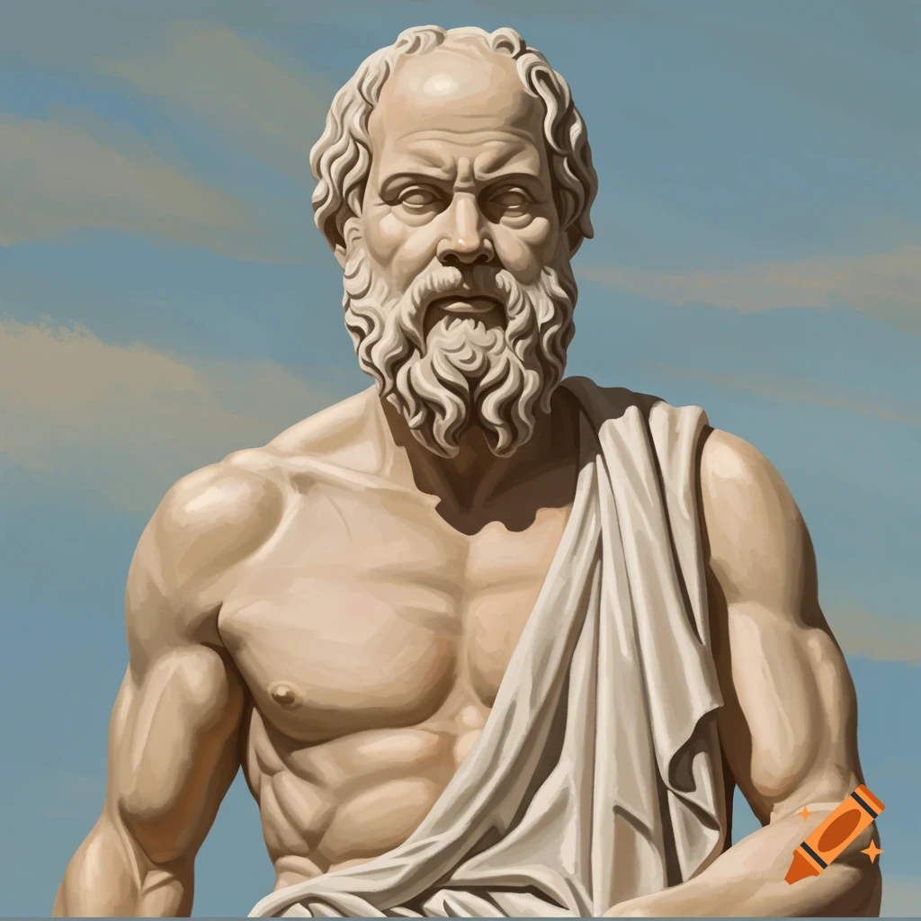 A muscled bust of Socrates wearing a toga against a cloudy sky