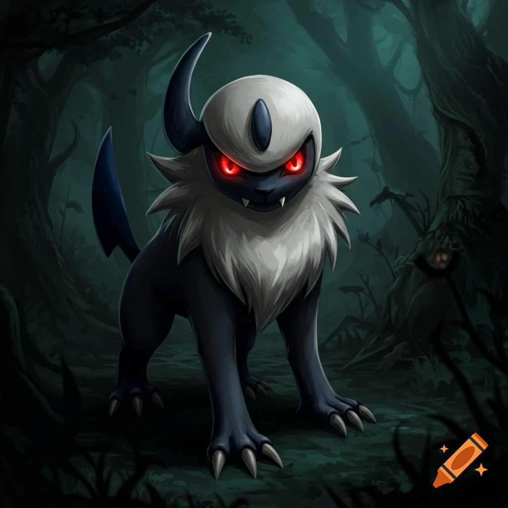 Absol, a dark creature with red eyes and sharp claws, stands in a spooky forest.