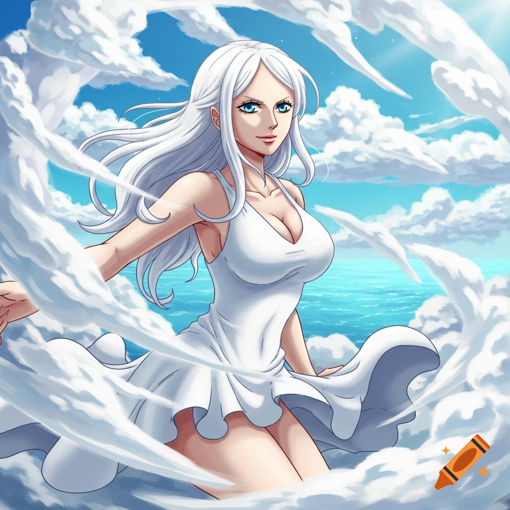 Anime style image of a white-haired woman in a white dress surrounded by clouds against a sky and ocean background.