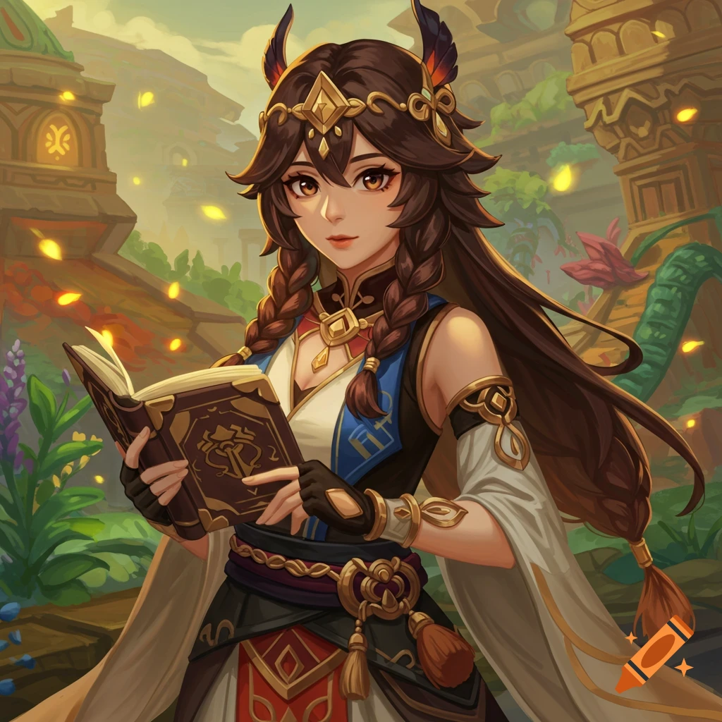 Anime-style female fantasy scholar reads a book in a garden setting.