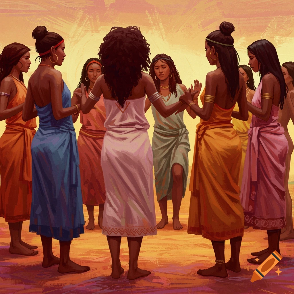 Diverse women in colorful dresses dancing in a circle at sunset