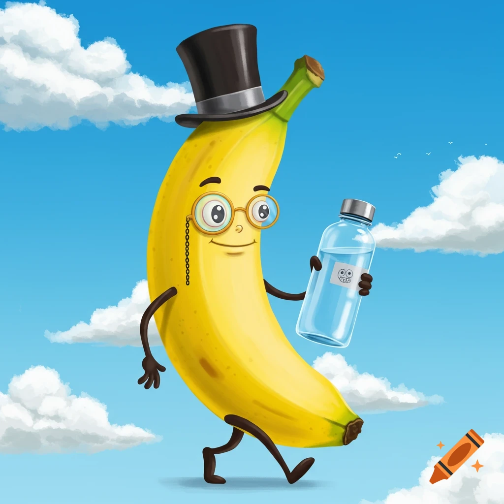 A cartoon banana in a top hat and monocle walks holding a water bottle.