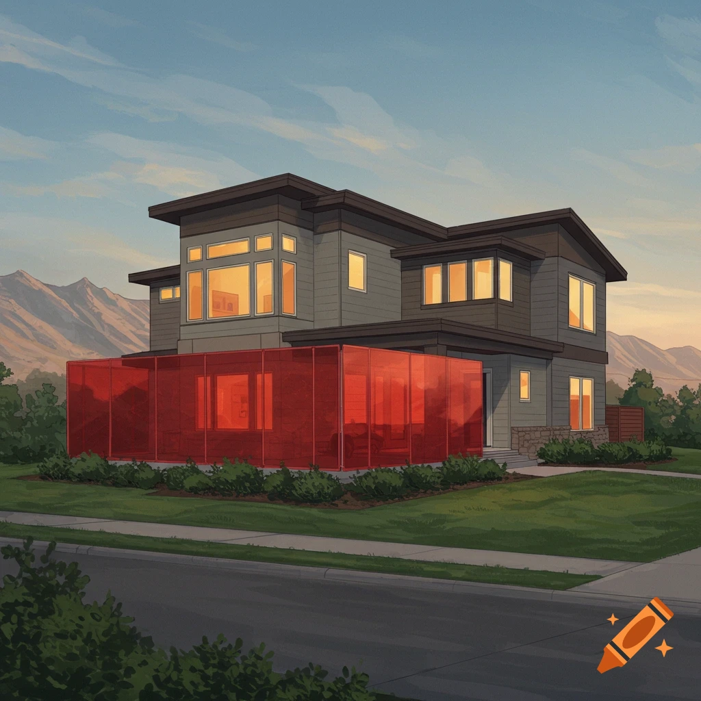 Two-story house with a red barrier around the first level, set in a landscape with mountains.