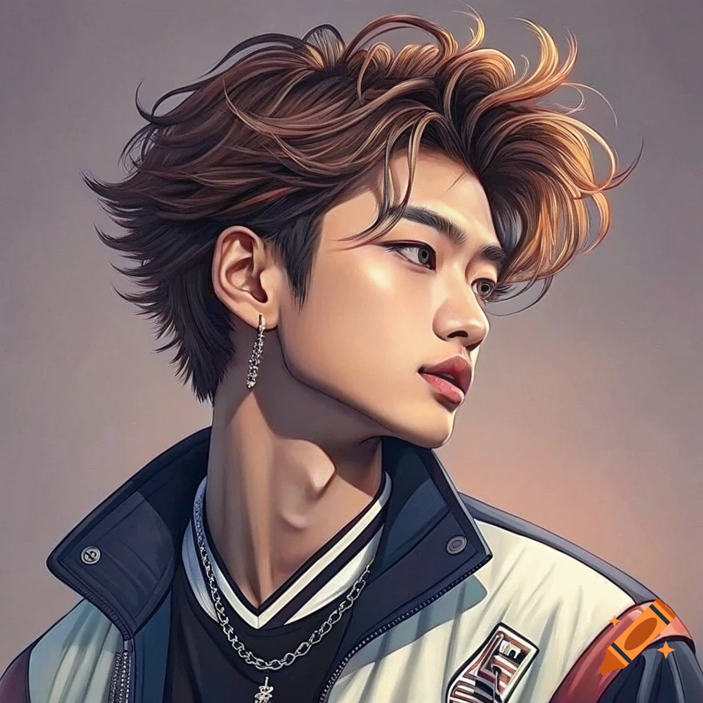 Stylized portrait of a young man with brown hair, wearing a jacket and necklace, looking to the side.